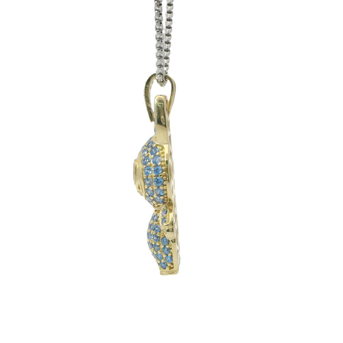14KT Gold Charm Large 3D Turquoise CZ LaBuBu Body and Bell Flat Back with Pink Oval CZ Eyes