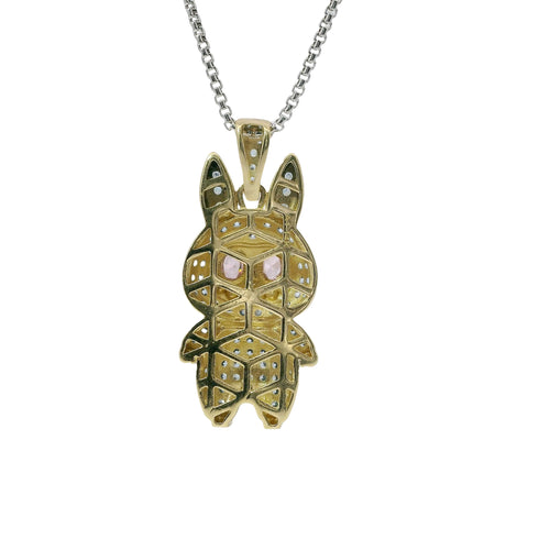 14KT Gold Charm Large 3D Turquoise CZ LaBuBu Body and Bell Flat Back with Pink Oval CZ Eyes