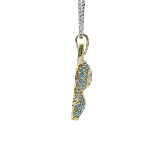 14KT Gold Charm Large 3D Turquoise CZ LaBuBu Body and Bell Flat Back with Pink Oval CZ Eyes