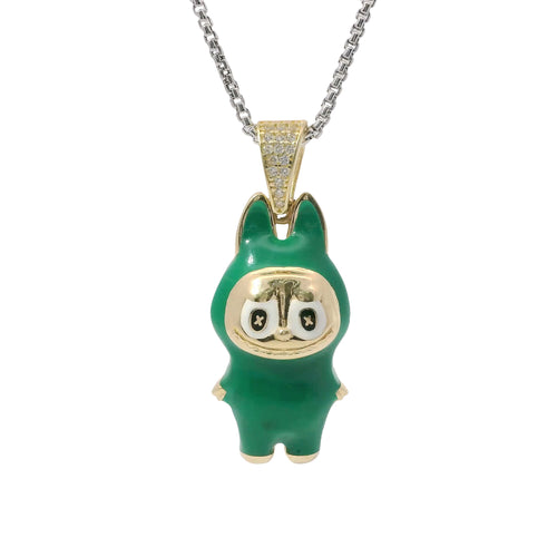 14KT Gold Charm Large 3D Dark Green Enamel LaBuBu Body, White Enamel Eyes, and White CZ Stones Bell