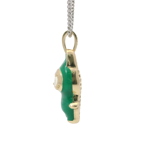 14KT Gold Charm Large 3D Dark Green Enamel LaBuBu Body, White Enamel Eyes, and White CZ Stones Bell