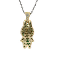 14KT Gold Charm Large 3D Dark Green Enamel LaBuBu Body, White Enamel Eyes, and White CZ Stones Bell