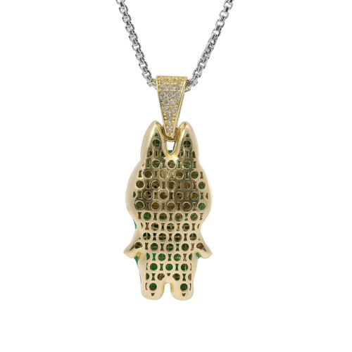 14KT Gold Charm Large 3D Dark Green Enamel LaBuBu Body, White Enamel Eyes, and White CZ Stones Bell