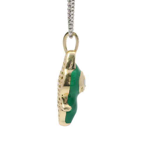 14KT Gold Charm Large 3D Dark Green Enamel LaBuBu Body, White Enamel Eyes, and White CZ Stones Bell