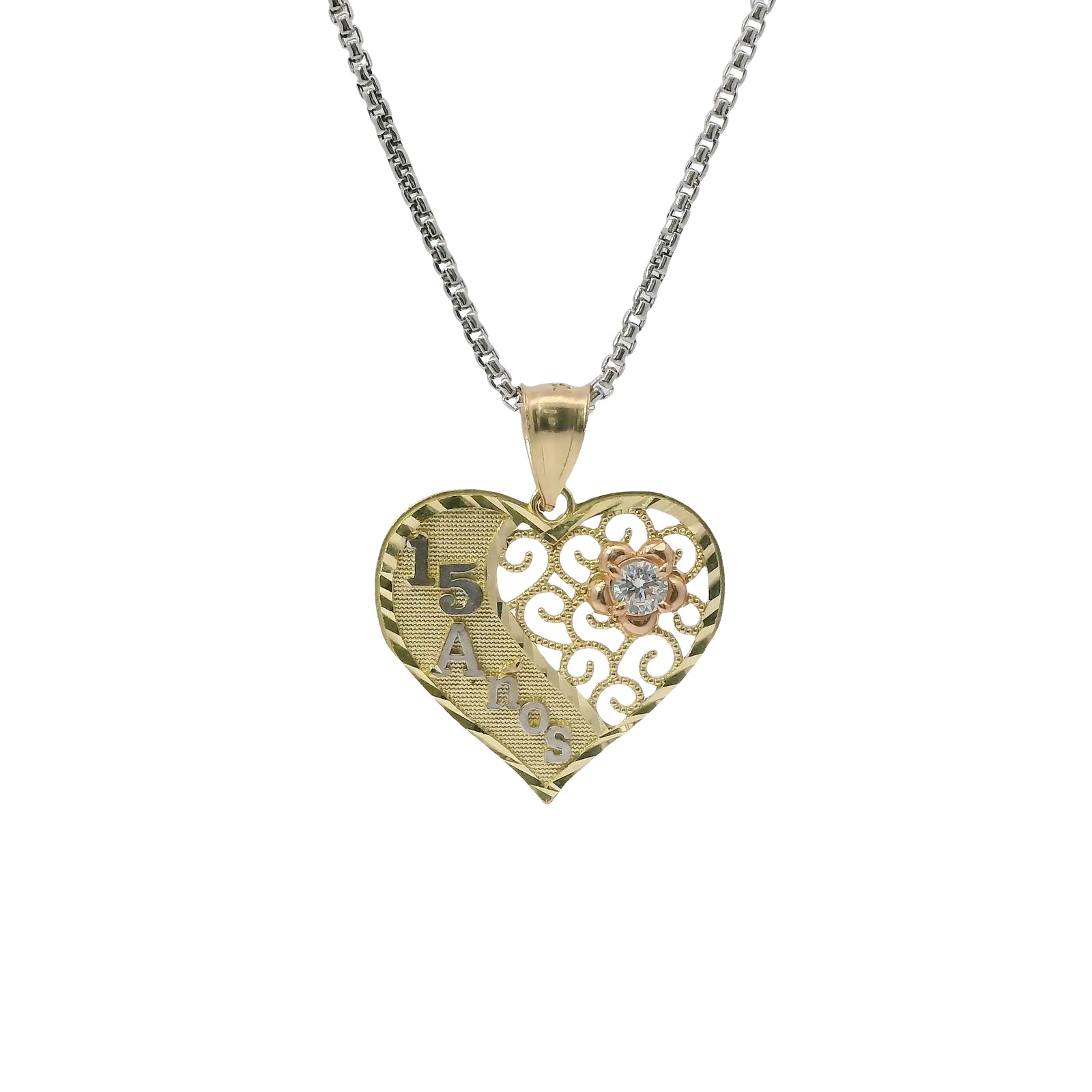 14KT Gold Charm Jumbo Tri Tone Flat "15 Anos" Heart with White CZ Stone Right Side Flower and Plain Bell