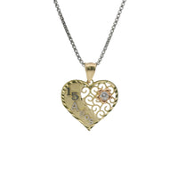 14KT Gold Charm Jumbo Tri Tone Flat "15 Anos" Heart with White CZ Stone Right Side Flower and Plain Bell