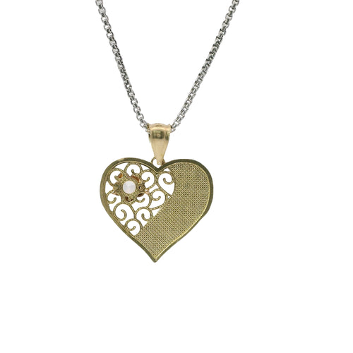 14KT Gold Charm Jumbo Tri Tone Flat "15 Anos" Heart with White CZ Stone Right Side Flower and Plain Bell