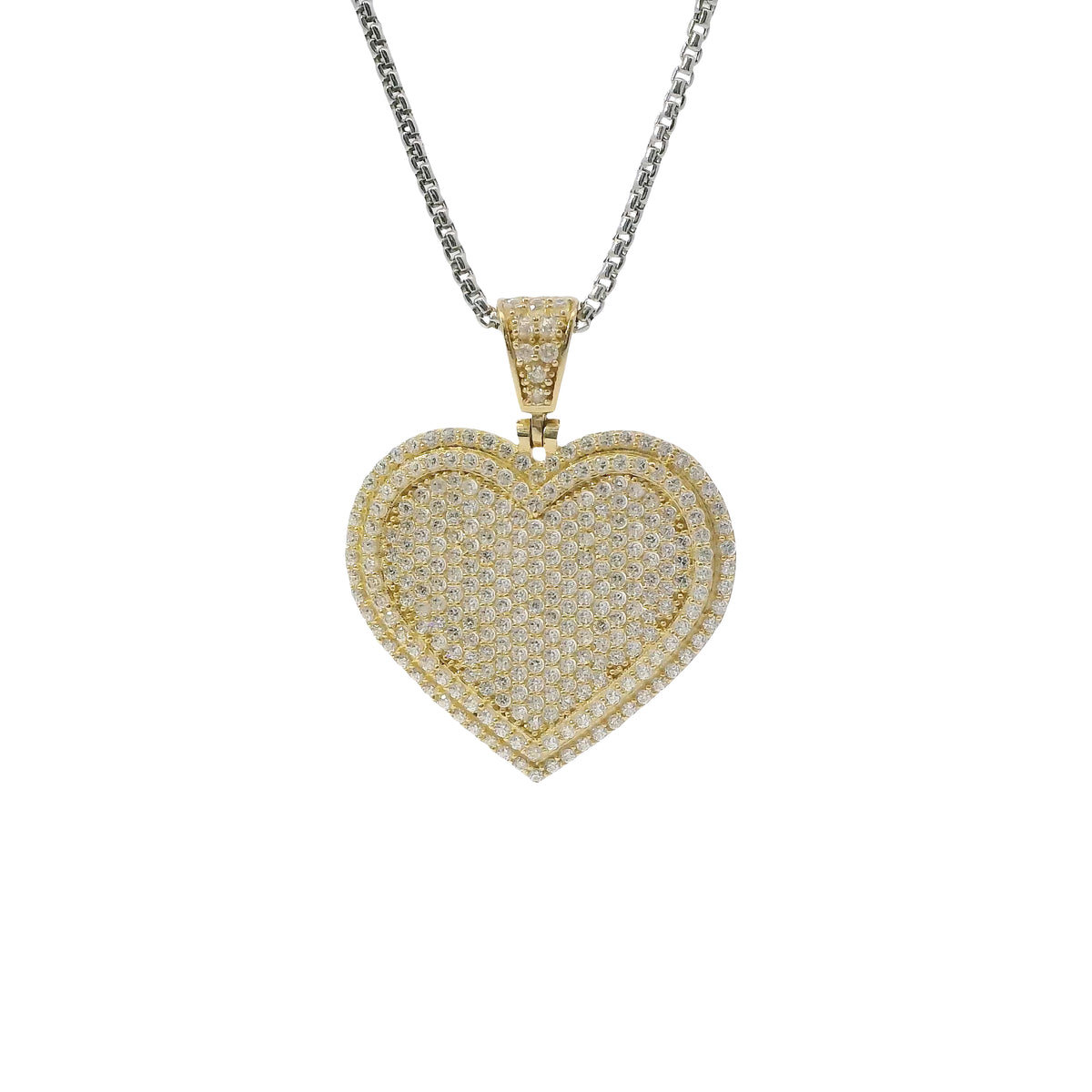 14KT Gold Charm Large Flat White CZ Stones Cluster Heart with Plain Border and White CZ Stones Bell
