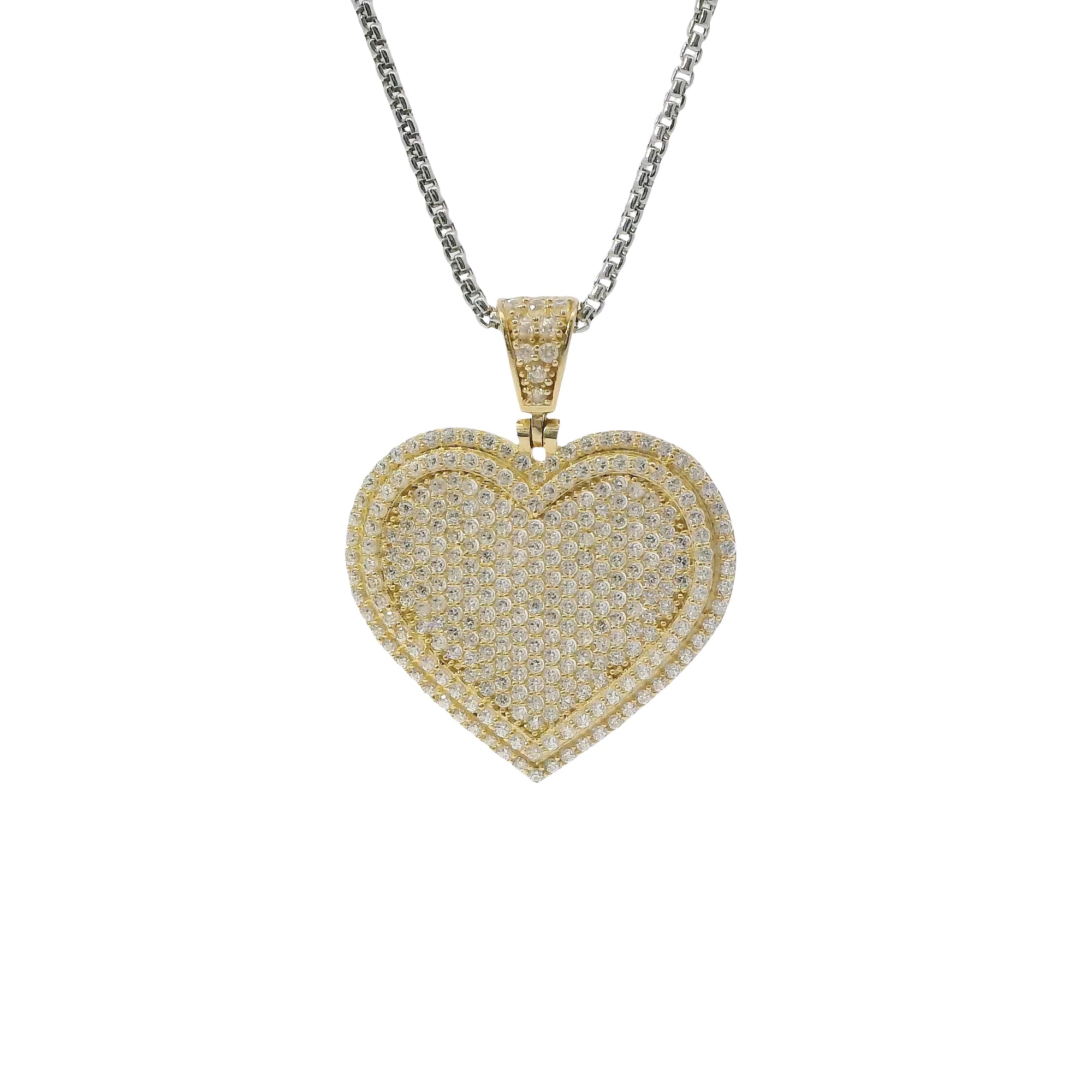 14KT Gold Charm Large Flat White CZ Stones Cluster Heart with Plain Border and White CZ Stones Bell