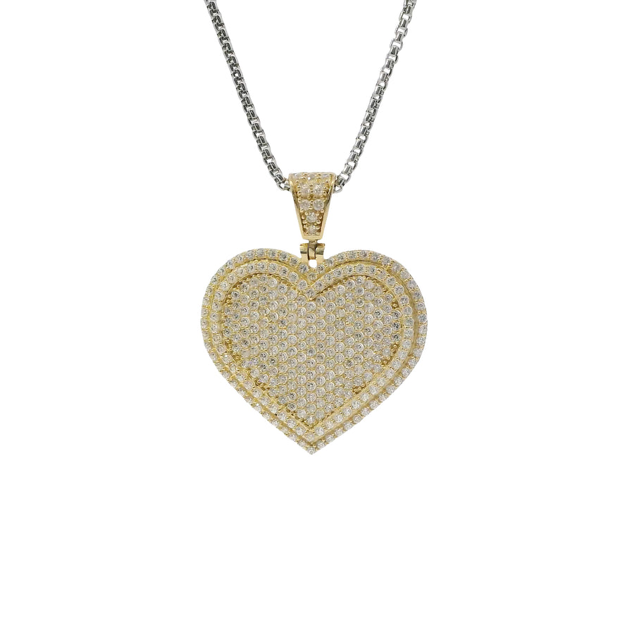14KT Gold Charm Large Flat White CZ Stones Cluster Heart with Plain Border and White CZ Stones Bell