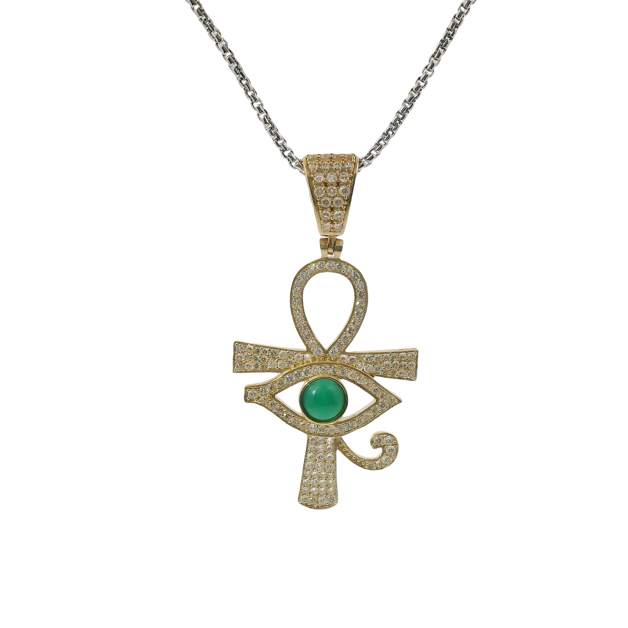 14KT Gold Charm Large White CZ Stones Ankh with Green Eye of Horus Center and White CZ Stones Bell