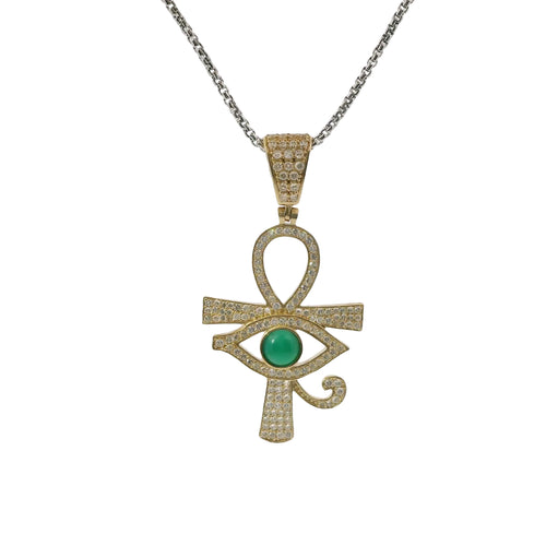 14KT Gold Charm Large White CZ Stones Ankh with Green Eye of Horus Center and White CZ Stones Bell