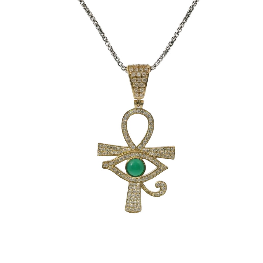 14KT Gold Charm Large White CZ Stones Ankh with Green Eye of Horus Center and White CZ Stones Bell