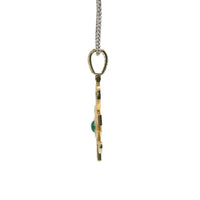 14KT Gold Charm Large White CZ Stones Ankh with Green Eye of Horus Center and White CZ Stones Bell