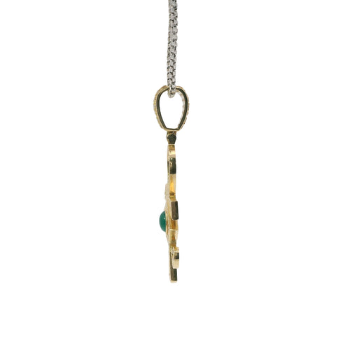 14KT Gold Charm Large White CZ Stones Ankh with Green Eye of Horus Center and White CZ Stones Bell