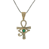14KT Gold Charm Large White CZ Stones Ankh with Green Eye of Horus Center and White CZ Stones Bell
