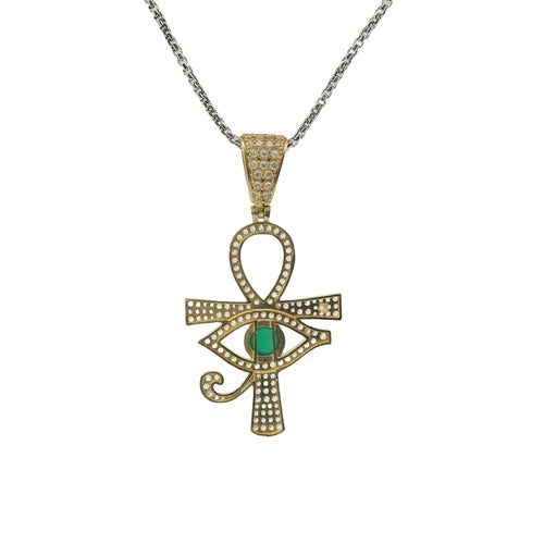 14KT Gold Charm Large White CZ Stones Ankh with Green Eye of Horus Center and White CZ Stones Bell