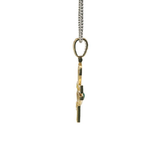14KT Gold Charm Large White CZ Stones Ankh with Green Eye of Horus Center and White CZ Stones Bell