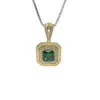 14KT Gold Charm Large Dark Green Square Center CZ Stone Double Platform Border of Round White CZ Stones Mock Link Border and Bell