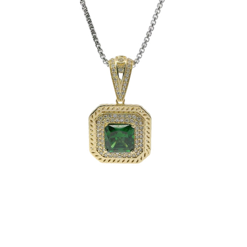 14KT Gold Charm Large Dark Green Square Center CZ Stone Double Platform Border of Round White CZ Stones Mock Link Border and Bell