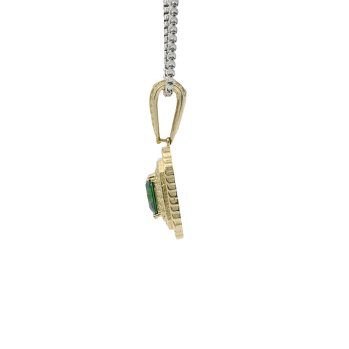 14KT Gold Charm Large Dark Green Square Center CZ Stone Double Platform Border of Round White CZ Stones Mock Link Border and Bell