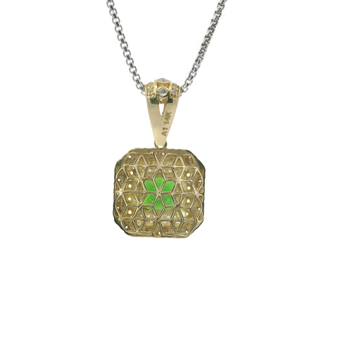 14KT Gold Charm Large Dark Green Square Center CZ Stone Double Platform Border of Round White CZ Stones Mock Link Border and Bell