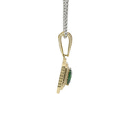 14KT Gold Charm Large Dark Green Square Center CZ Stone Double Platform Border of Round White CZ Stones Mock Link Border and Bell