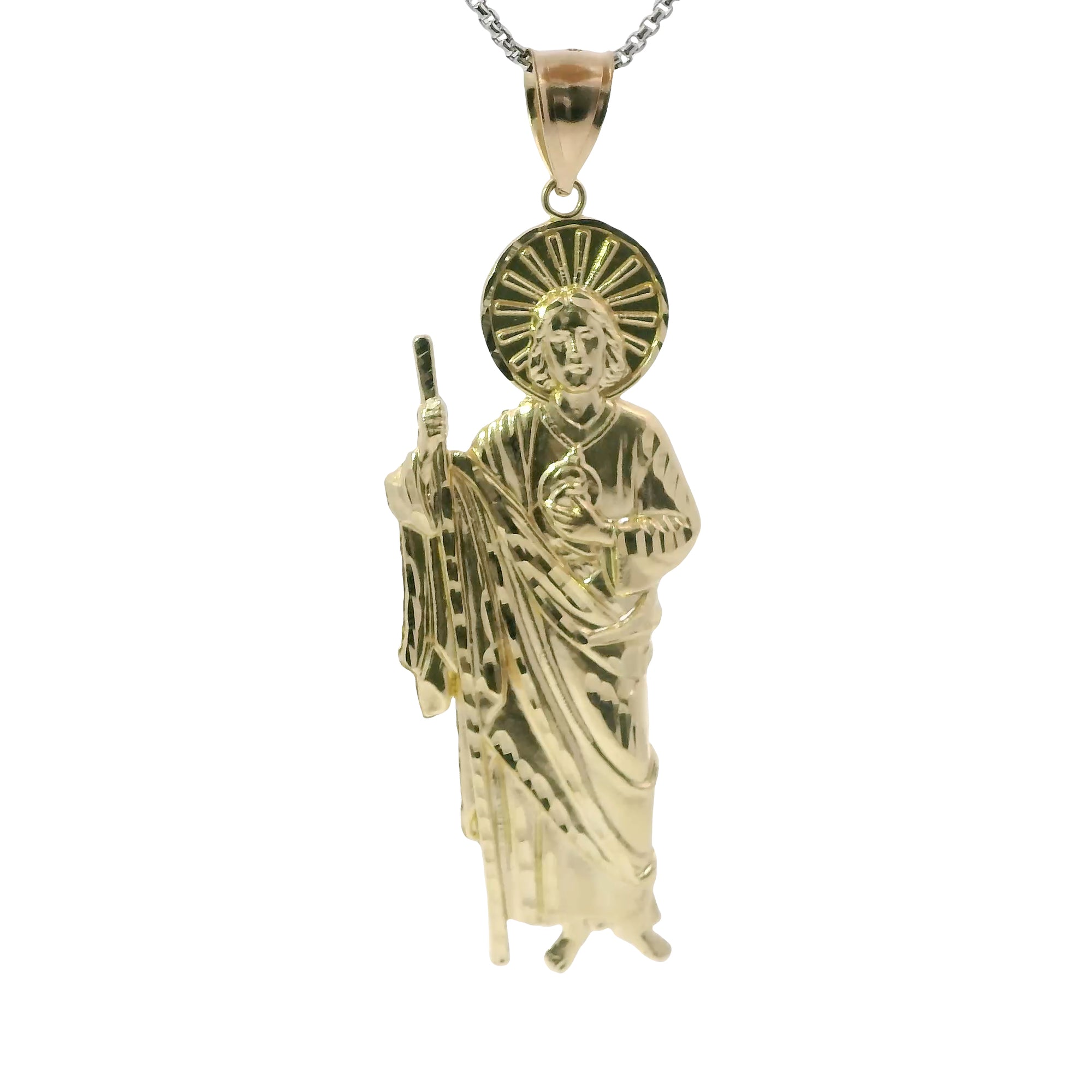 14KT Gold Charm Large Diamond Cut Halo Left Facing St Jude with Plain Bell