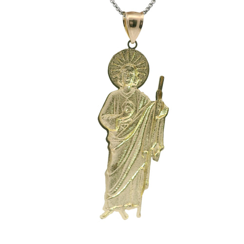 14KT Gold Charm Large Diamond Cut Halo Left Facing St Jude with Plain Bell