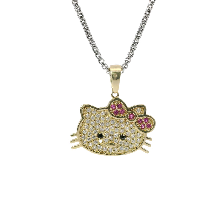 14KT Gold Charm Jumbo White CZ Stones Hello Kitty Head with Dark Pink CZ Stones Bow, Plain Whiskers, and Plain Bell