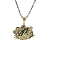 14KT Gold Charm Jumbo White CZ Stones Hello Kitty Head with Dark Pink CZ Stones Bow, Plain Whiskers, and Plain Bell