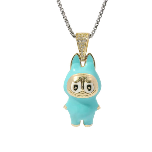 14KT Gold Charm Large 3D Turquoise Enamel LaBuBu Body, White Enamel Eyes, and White CZ Stones Bell