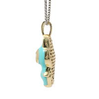 14KT Gold Charm Large 3D Turquoise Enamel LaBuBu Body, White Enamel Eyes, and White CZ Stones Bell