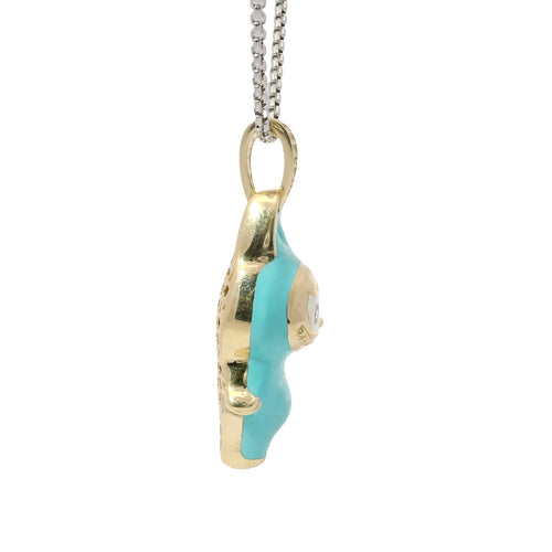 14KT Gold Charm Large 3D Turquoise Enamel LaBuBu Body, White Enamel Eyes, and White CZ Stones Bell
