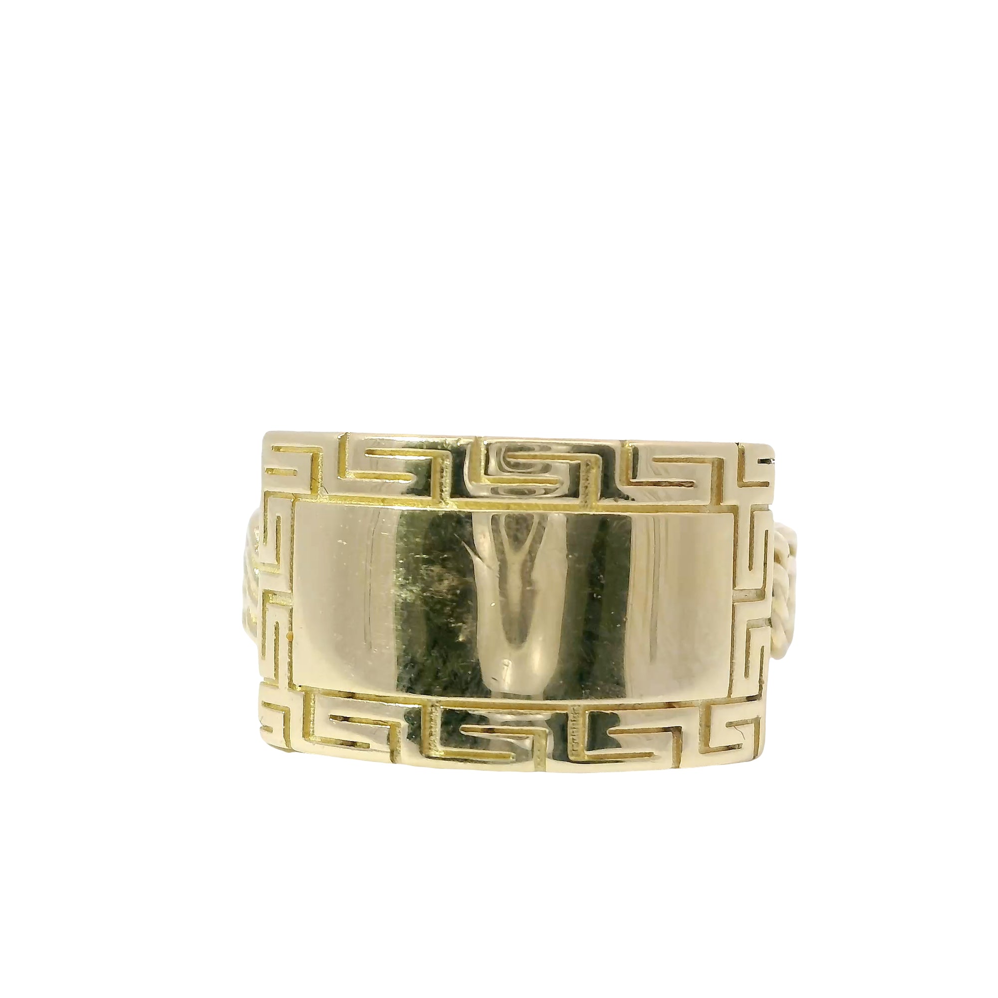 14KT Gold Ring Unisex Jumbo Engravable Name Plate with Greek Border and Chino Band