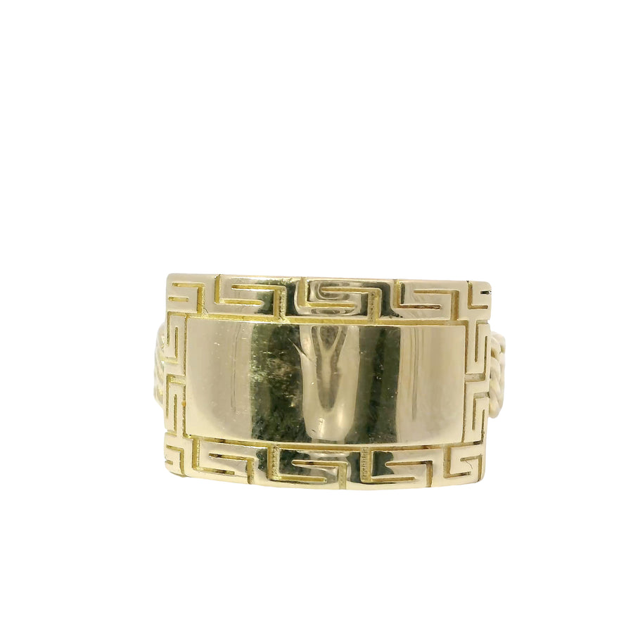 14KT Gold Ring Unisex Jumbo Engravable Name Plate with Greek Border and Chino Band