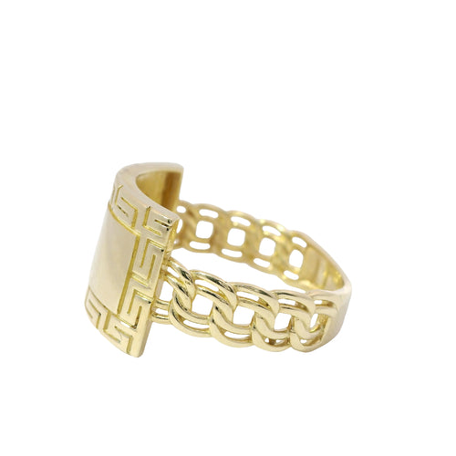 14KT Gold Ring Unisex Jumbo Engravable Name Plate with Greek Border and Chino Band