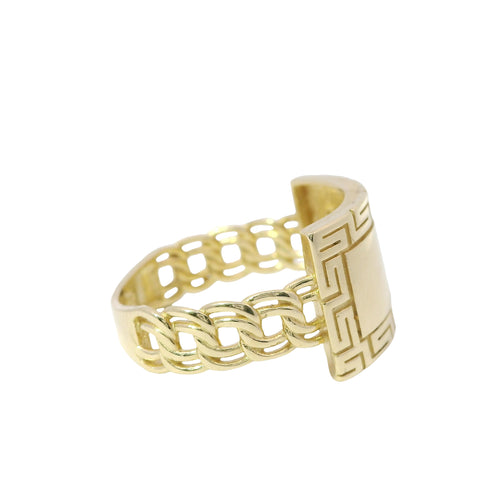 14KT Gold Ring Unisex Jumbo Engravable Name Plate with Greek Border and Chino Band