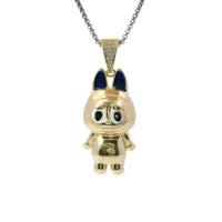 14KT Gold Charm Large 3D Enamel Navy Blue Ears LaBuBu with White CZ Stones Bell