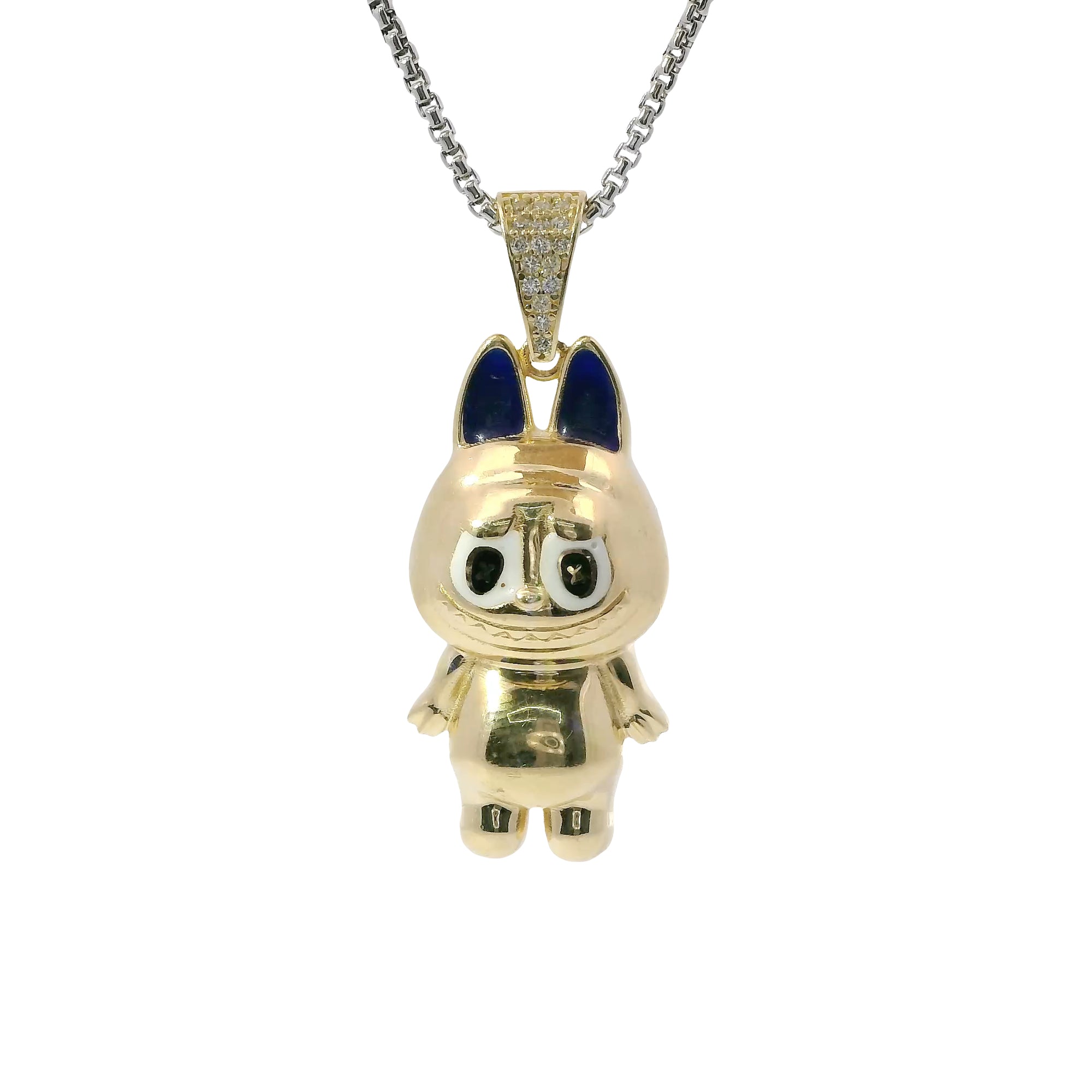 14KT Gold Charm Large 3D Enamel Navy Blue Ears LaBuBu with White CZ Stones Bell