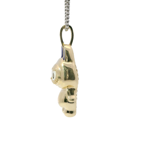 14KT Gold Charm Large 3D Enamel Navy Blue Ears LaBuBu with White CZ Stones Bell