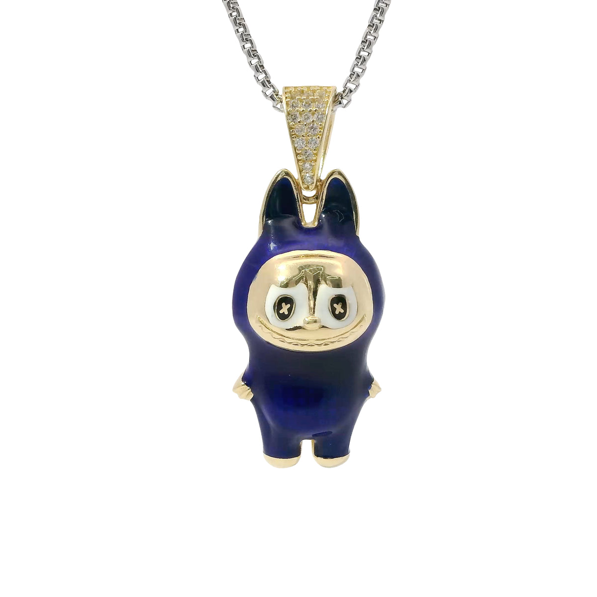 14KT Gold Charm Large 3D Navy Blue Enamel LaBuBu Body, White Enamel Eyes, and White CZ Stones Bell