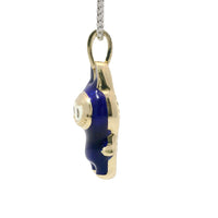 14KT Gold Charm Large 3D Navy Blue Enamel LaBuBu Body, White Enamel Eyes, and White CZ Stones Bell