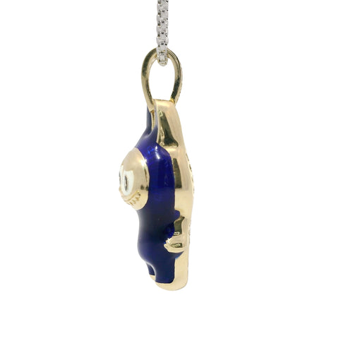 14KT Gold Charm Large 3D Navy Blue Enamel LaBuBu Body, White Enamel Eyes, and White CZ Stones Bell