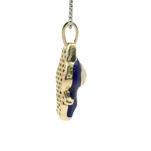 14KT Gold Charm Large 3D Navy Blue Enamel LaBuBu Body, White Enamel Eyes, and White CZ Stones Bell