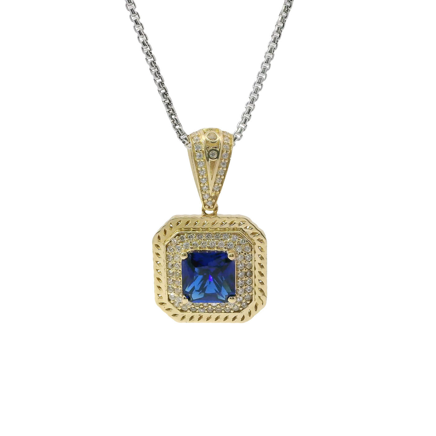 14KT Gold Charm Large Navy Blue Square Center CZ Stone Double Platform Border of Round White CZ Stones Mock Link Border and Bell