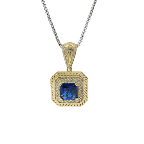 14KT Gold Charm Large Navy Blue Square Center CZ Stone Double Platform Border of Round White CZ Stones Mock Link Border and Bell