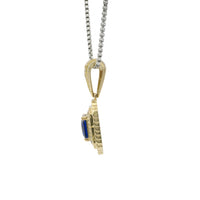 14KT Gold Charm Large Navy Blue Square Center CZ Stone Double Platform Border of Round White CZ Stones Mock Link Border and Bell
