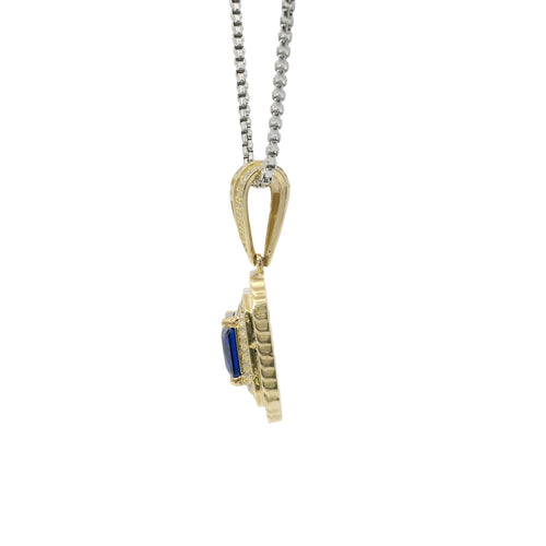 14KT Gold Charm Large Navy Blue Square Center CZ Stone Double Platform Border of Round White CZ Stones Mock Link Border and Bell