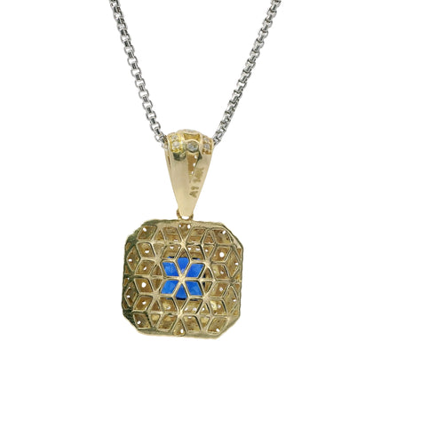 14KT Gold Charm Large Navy Blue Square Center CZ Stone Double Platform Border of Round White CZ Stones Mock Link Border and Bell